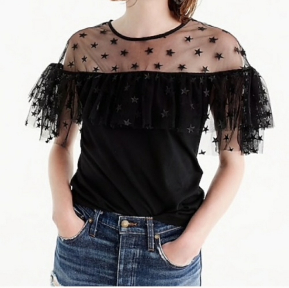 J. Crew star black tulle puff sleeve top M